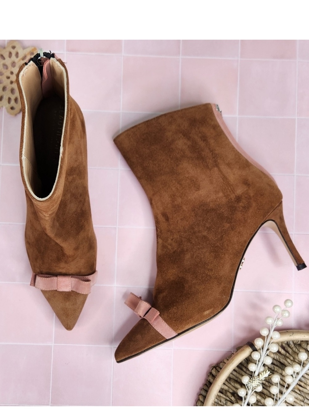 Suede Brown Pointed Ankle Booties with Pink Bow Accent